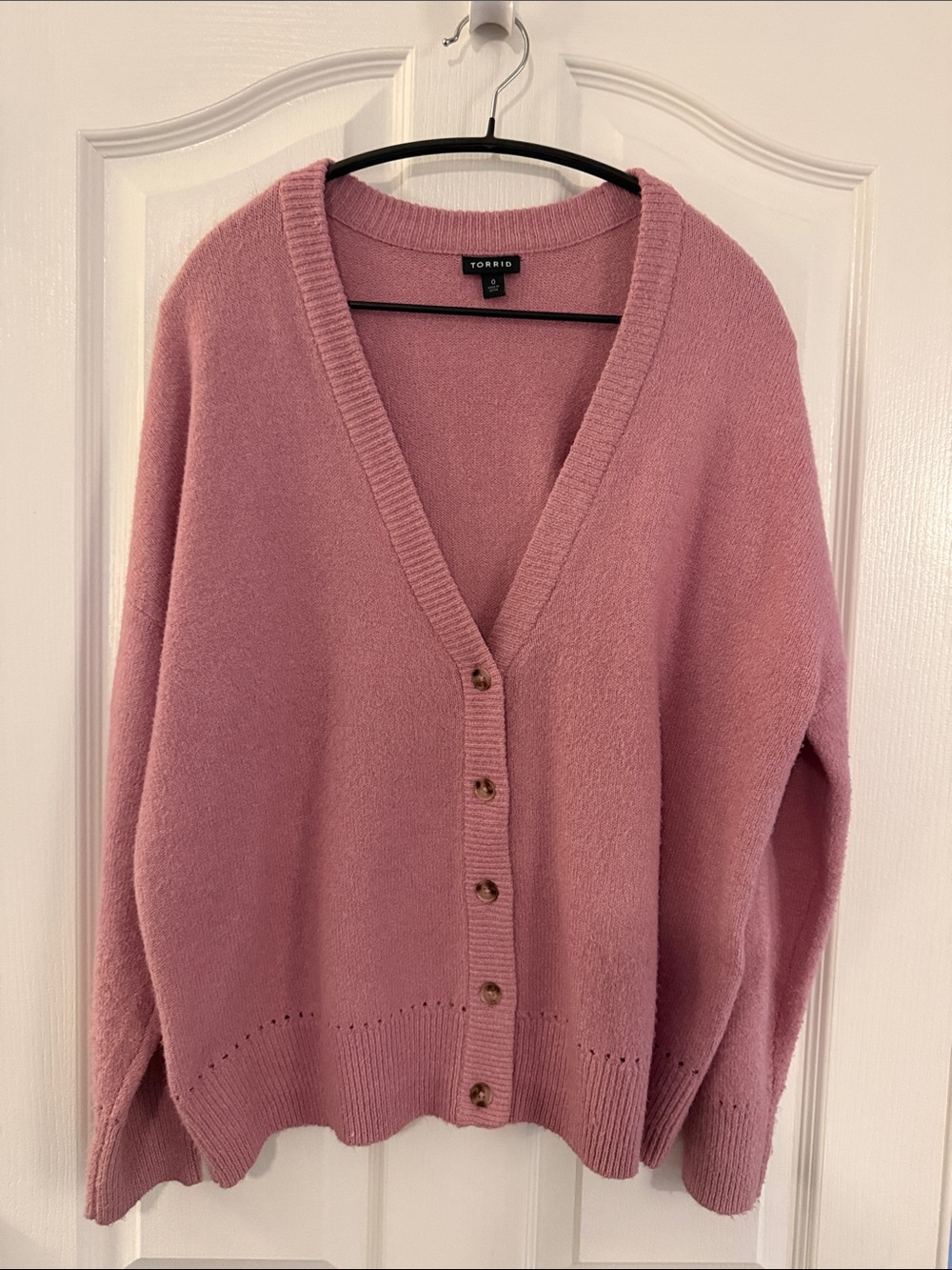 Torrid V-neck cardigan featuring dark tortoiseshell-style buttons.